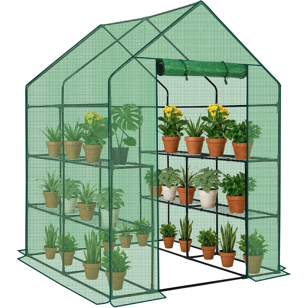 

Walk-in Greenhouse, Outdoor Durable PE Plant Green House for Frost Protection with 3 Tiers 8 Shelves, Shelf Clips, Roll-up Zipp
