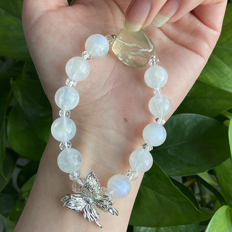 Moonstone Irregular Natural Gemstone Bracelet for Men and Women Stainless Steel Butterfly Bracelet Unisex Lucky Wrist Jewelry