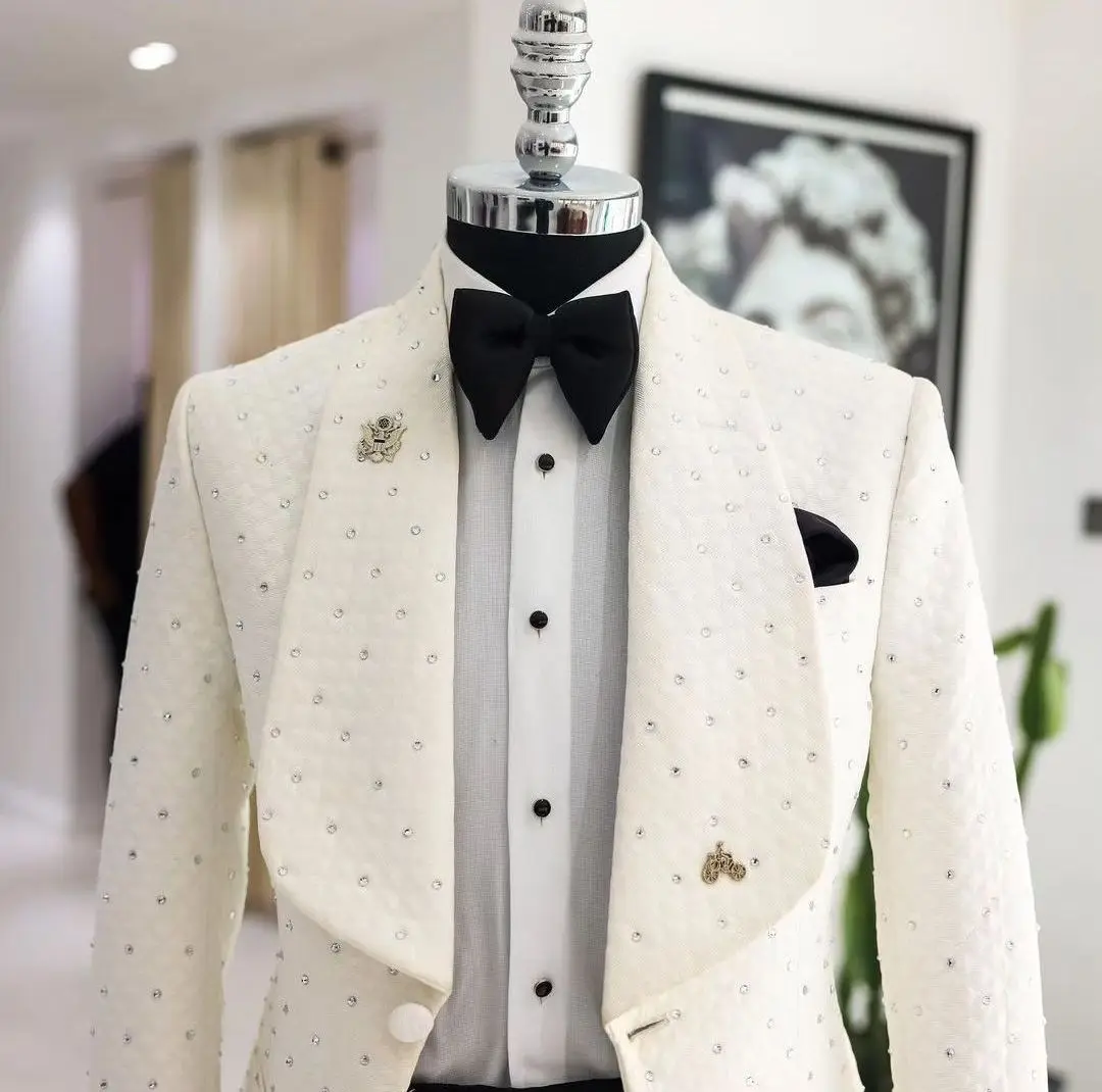 Jacquard 2 Pieces Blazer Pants Beads Men Suits Tuxedo Appliques One Button Wide Lapel Formal Party Wedding Plus Size Tailored