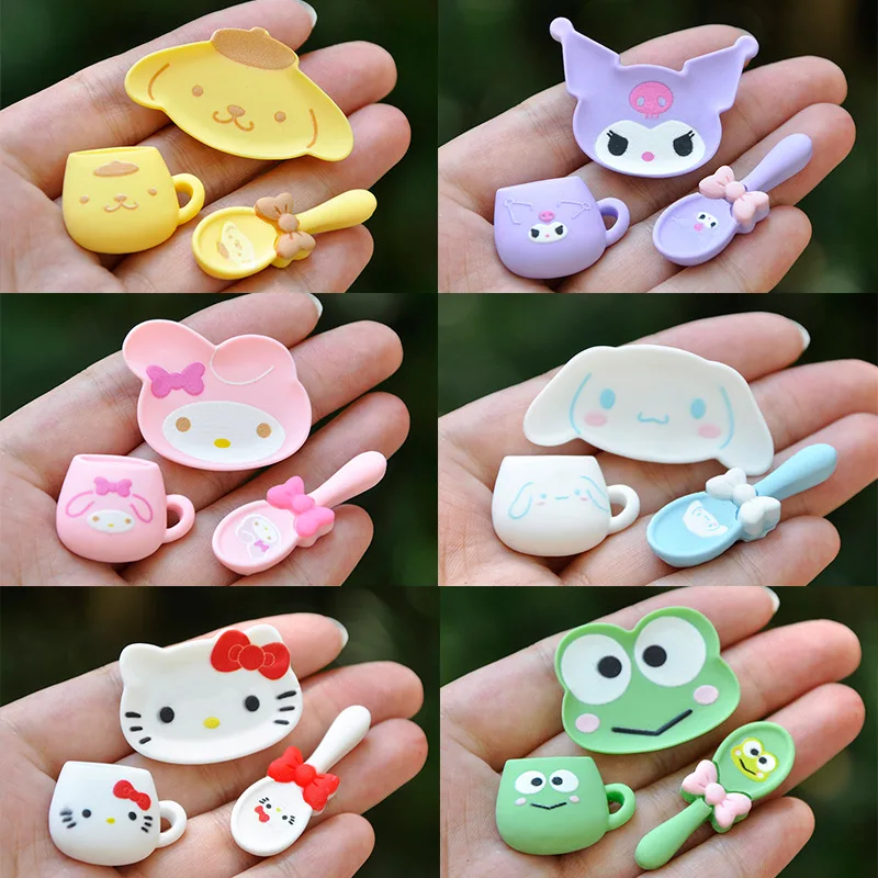 

6Pcs Kawaii Mymelody Pochacco Kuromi DIY Plate Spoon Resin Flat Back Scrapbook Figurine Decor Accessories