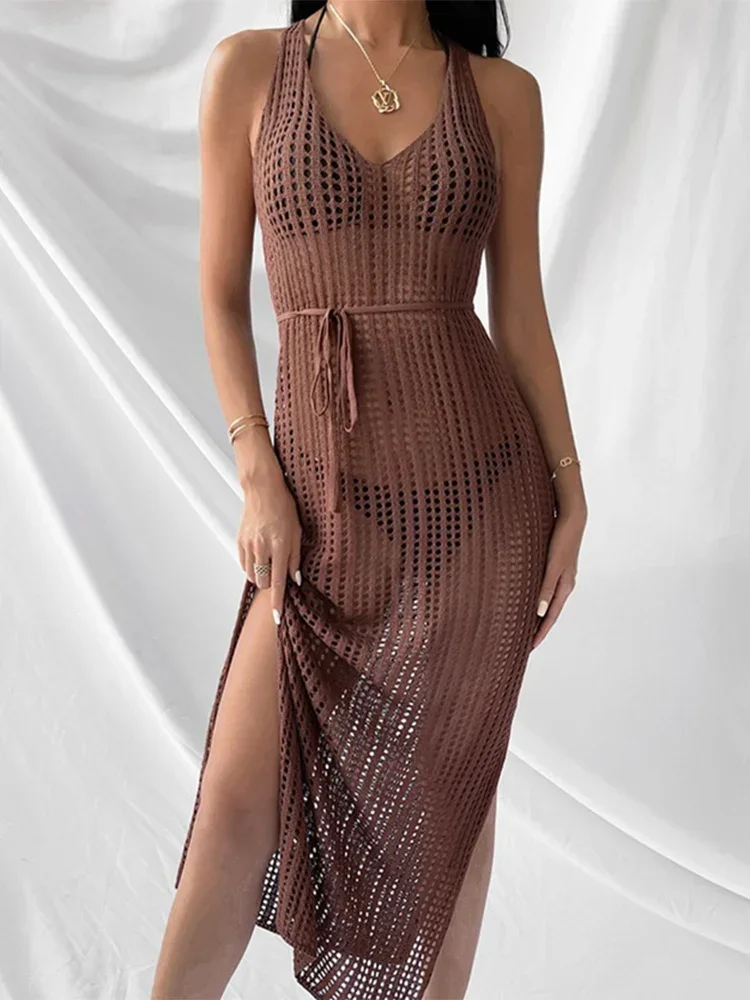 Túnica de ganchillo caftán de punto para mujer, Vestidos sexys con espalda descubierta, bata calada, Vestido largo de playa con abertura, cubierta exterior, pareo para nadar 2023