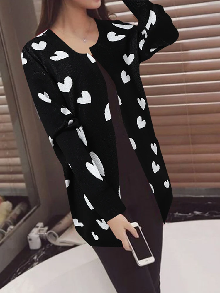 

ZANZEA Fashion Women Sweaters Heart Print Long Cardigans 2025 Autumn Long Sleeve Knitted Jumpers Casual Shirts Winter Sweater