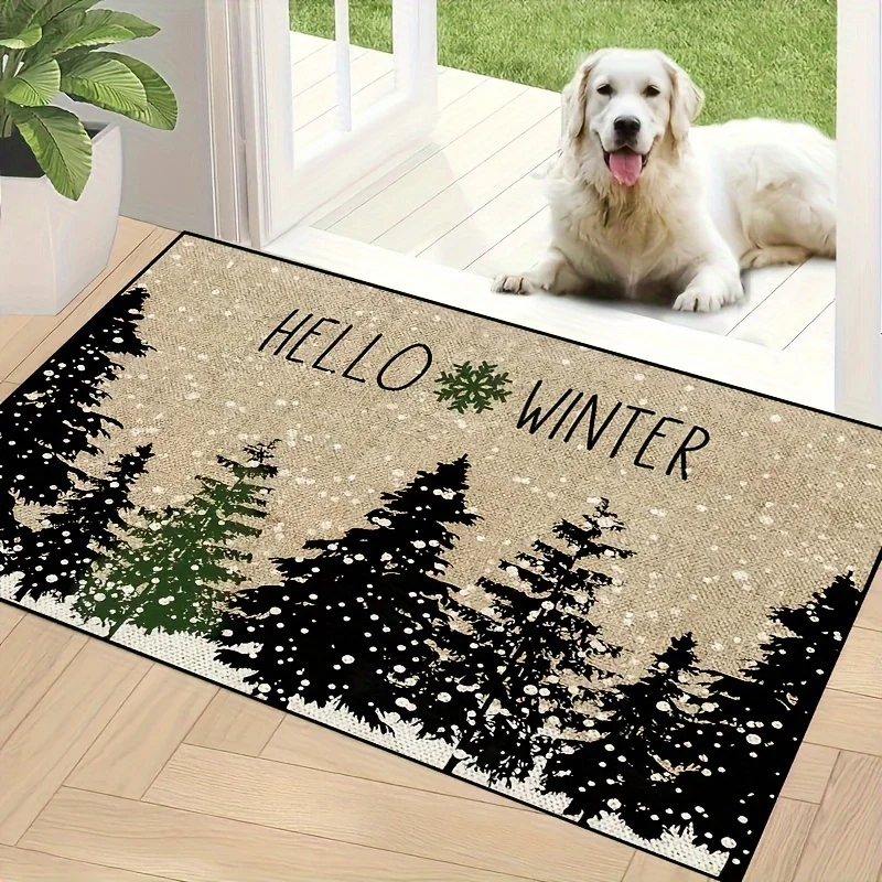 Hello Winter Pine Tree Doormat, Snowflake Print Entry Mat, Winter Season Front Door Home Decor Rug