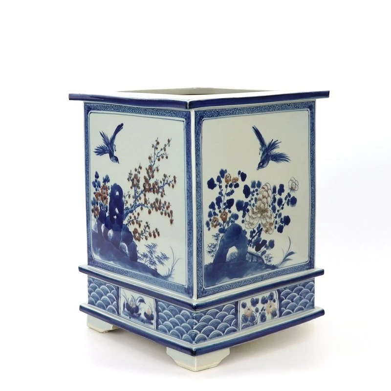 

Jingdezhen ceramic antique flower pot, hand-painted blue and white landscape flowers and birds square-shaped plant pot