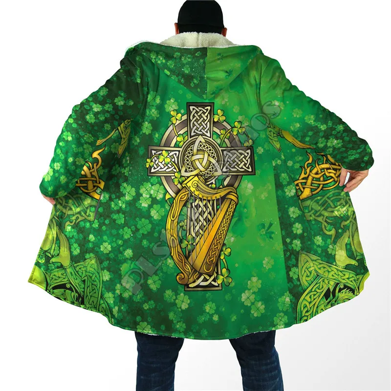 

Irish St.Patrick 3D Printed Fashion Winter Men/Women Hooded Cloaks Fleece Wind Breaker Unisex Casual Warm Overcoat 01