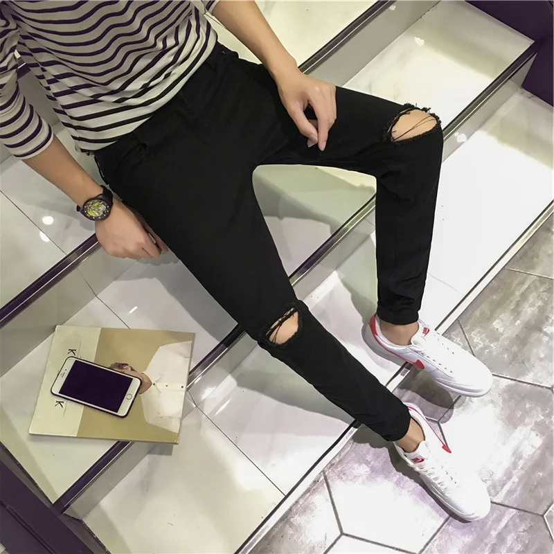 

Slim Fit Men's Jeans Youthful Tear Long Pants Knee Exposure Pants Korean Version Trendy Quick Fast Leg Slimming Pants