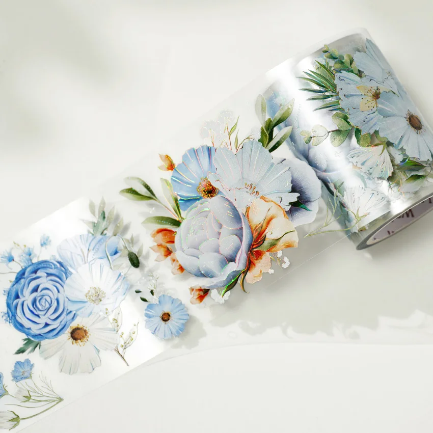 WT New Serene 6.5cm Wide Blue Flower Bronzing Shielding PET Tapes Lovely Floral Washi Tapes Papeleria Aesthetic Art Supply