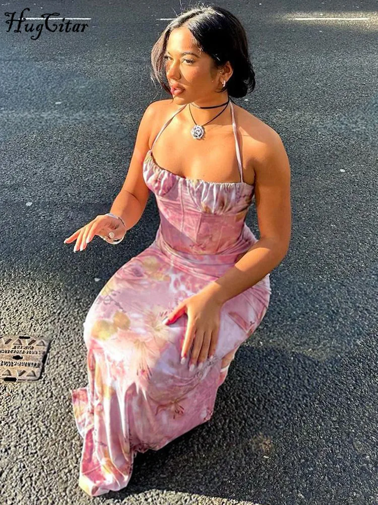 Hugcitar-Robe Longue Élégante à Imprimé Floral pour Femme, Dos aux, Froncée, à Lacets, Fente Latérale, Sexy, Slim, Tenue d'Été, Vacances d'Anniversaire