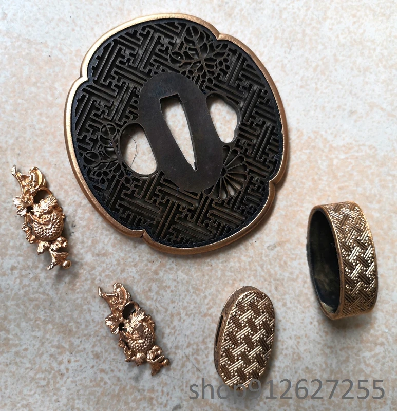 

Gold copper Grid tsuba fuchi Menuki for japanese sword's katana wakizashi tanto