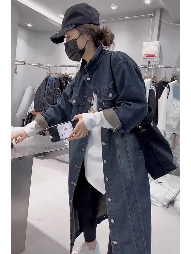 Spring New Style Women's  Collar Single Button Loose Slimming Fashionable Mid-Length Denim Jacket Commute Korean Style
