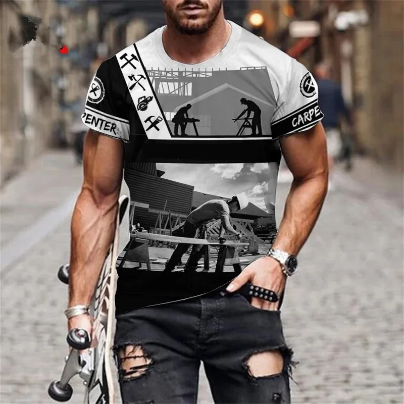 Woodworking Workwear Style Men's Casual T-Shirts Summer Short Sleeve 3D Printed Street Tee 6XL Plus Size Loose O-Neck Tops