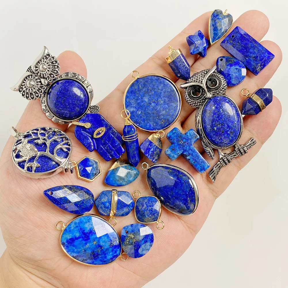 Blue Lapis Lazuli Pendant Gems Cross Hand Oval Shape Natural Stone Lapis Lazuli Charms for Jewelry Making Necklace DIY Bracelet