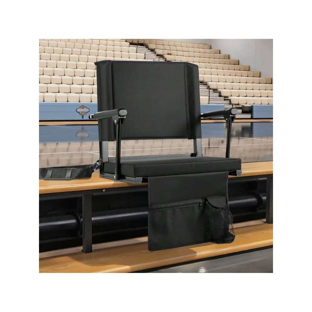 2 Pack Stadium Seats with Armrests, Thick Padded Cushion Back Support, Portable Bleacher Chair for Football Games Outdoor Events, Includes Carrying Strap Hooks Cup Holder, Fits Most Bench Seats, Black