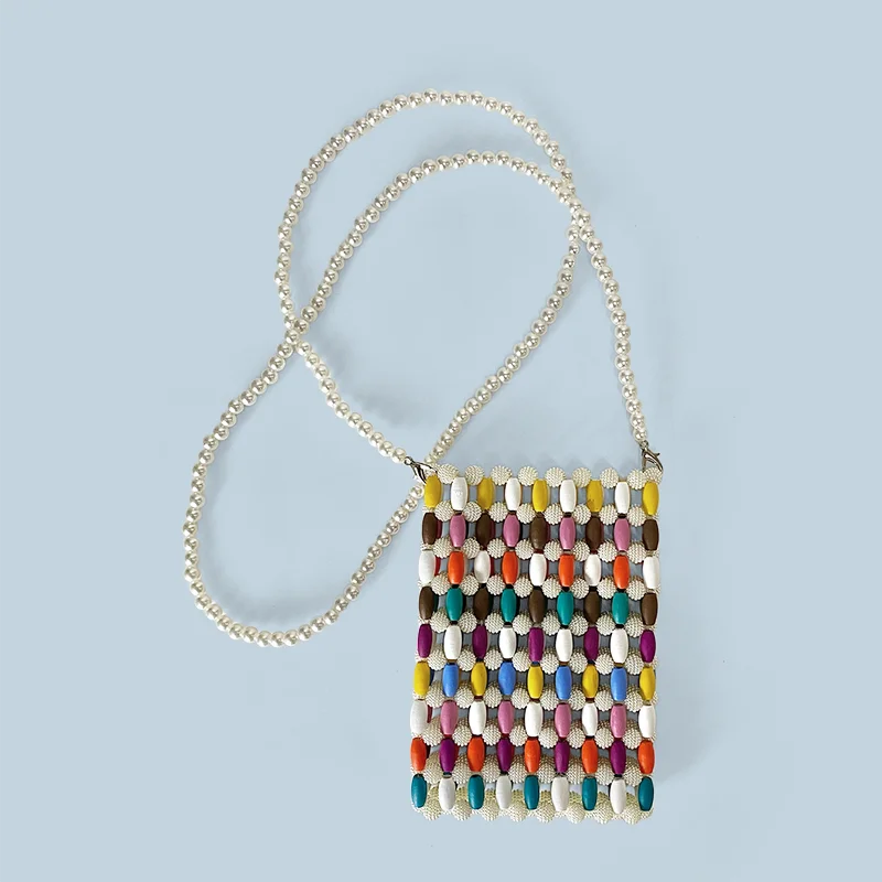 New Colorful Wood Bead Splicing Mini Cute Crossbody Phone Bag with Vacation Style and Leisure Handmade Bead Bag