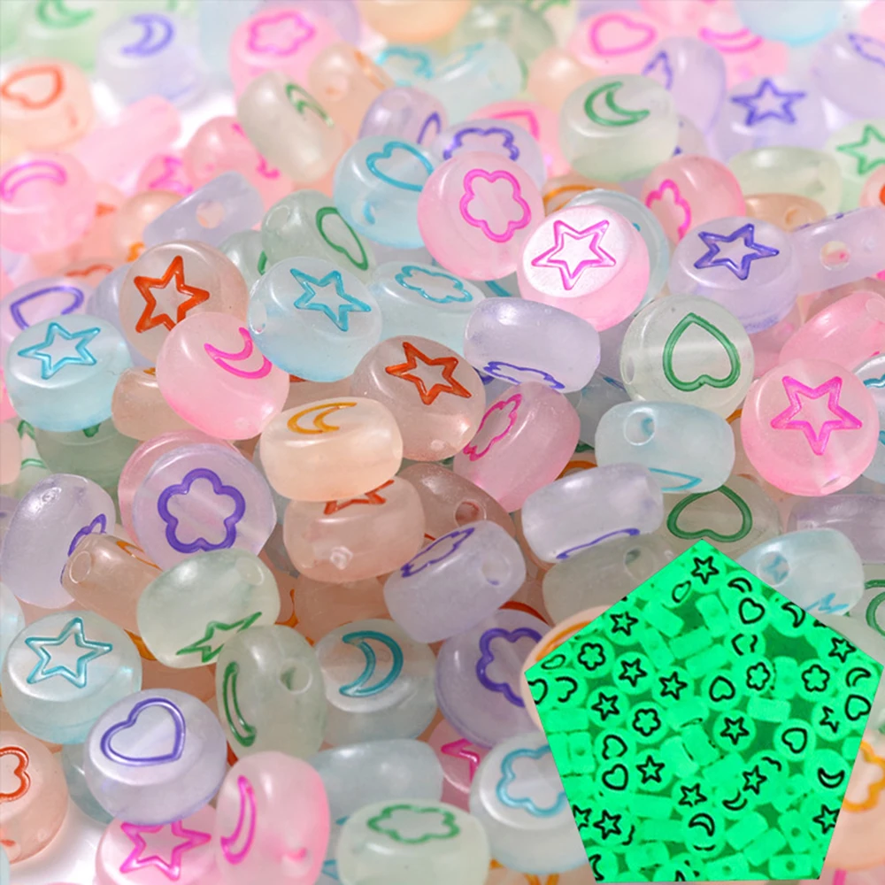 100 Stück 7mm Bunte Stern- und Mondperlen Leuchtende Perlen Abstandshalterperlen Leuchten im Dunkeln für Schmuckherstellung DIY Anhänger Armband Halskette – Detail 4