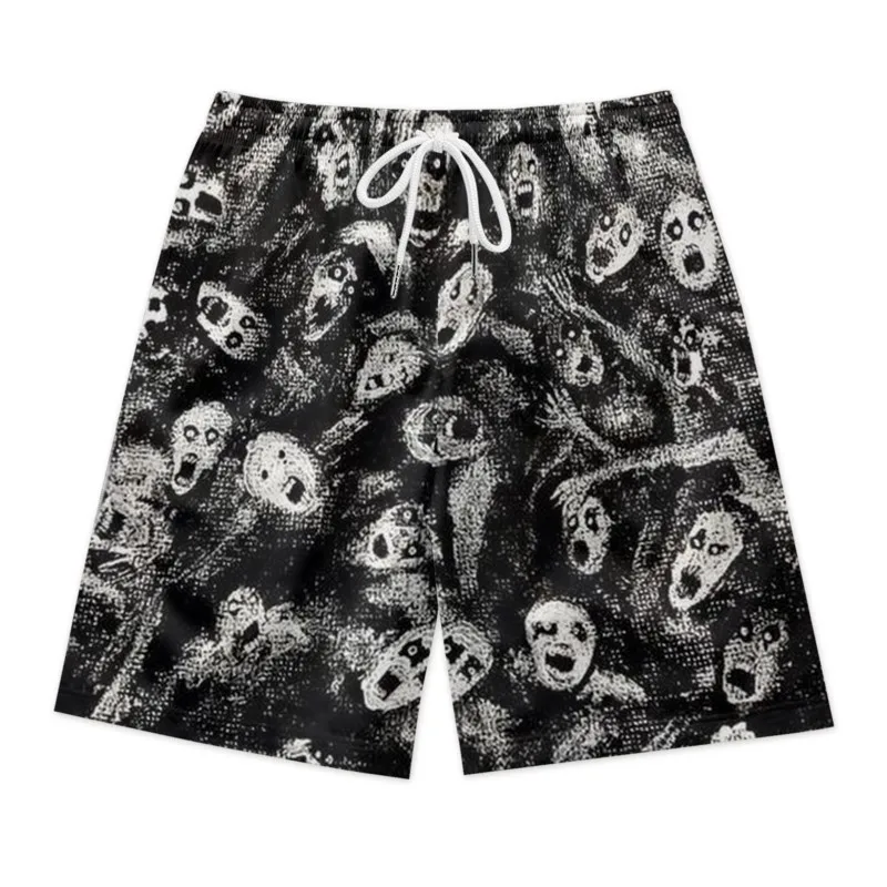 Scared Faces Print Drawstring Waist Shorts Quick Dry Breathable Polyester Sport Beach Shorts Streetwear Clothing Bottoms