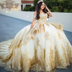 ANGELSBRIDEP Шампанское платье Quinceanera Золотая аппликация Блестящий Кристалл со шлейфом Сверкающее с открытыми плечами для 15-летней вечеринки