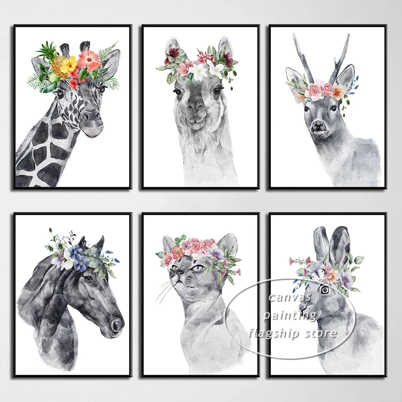 Safari Animals Giraffe Llama Horse Stag with Flowers Poster Canvas Printing Black and White Wall Art Picture for Room Home Decor