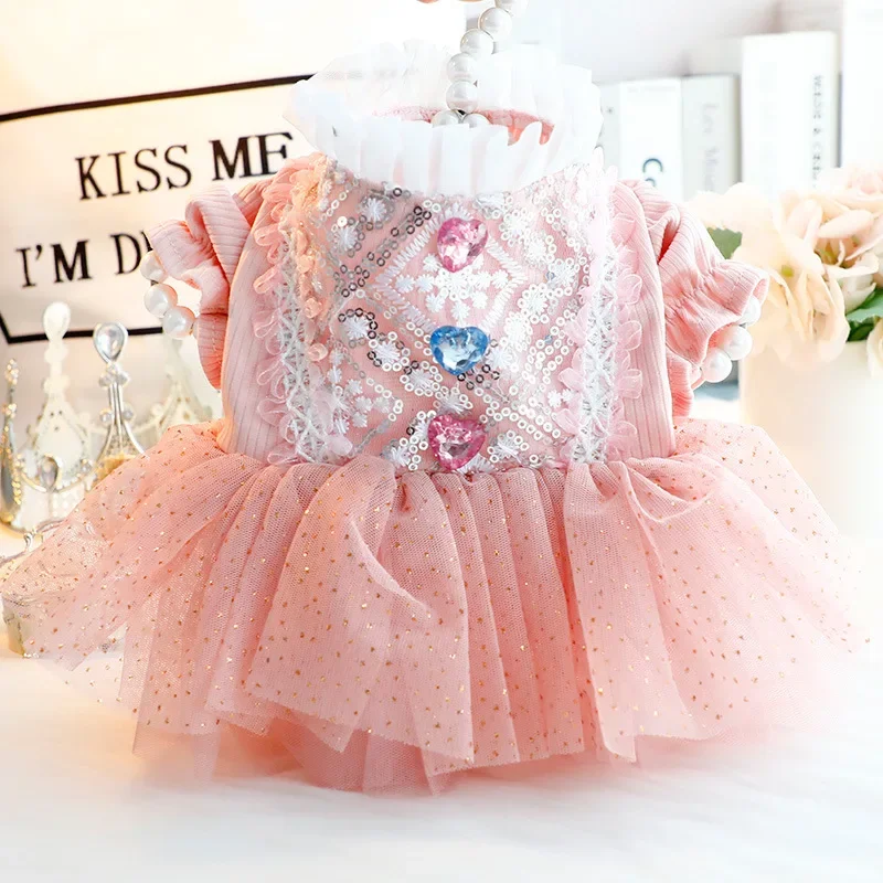 Korean Pink Pet Dog Clothes Fashion Crystal Sequin Wedding Party Dress For Small Medium Dog Puppy Casual Overalls Dog Coat Skirt