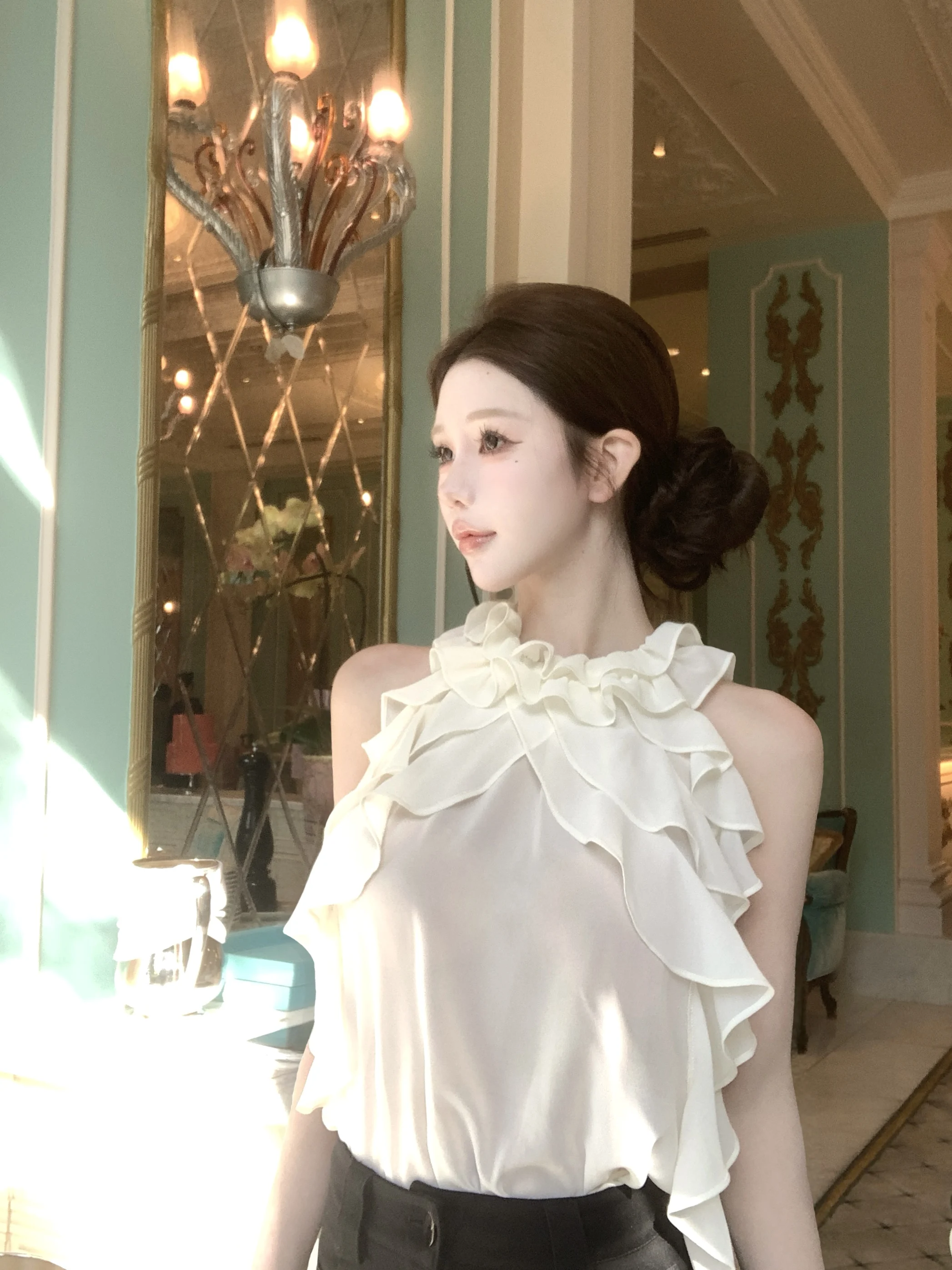 

Шифоновый топ Kubiliv Peninsula Pine Tea с многослойным кружевом, прозрачный, без рукавов, с вырезом, с открытыми плечами, Pure Desire