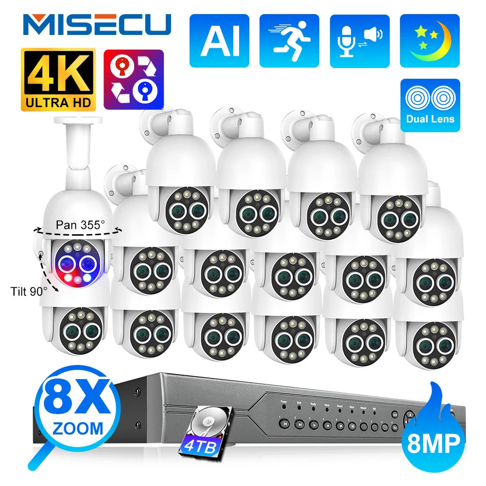 

MISECU 16CH 8MP Dual Lens PTZ POE Camera System 8X Hybrid Zoom Human Detect Auto Track Two Way Audio CCTV Video Surveillance Kit