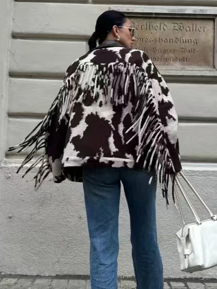 HH Woman Autumn Long Sleeves Single-breasted Pocket Decoration Turn-down Collar Short Coat Women Casual Printed Tassels Jacket