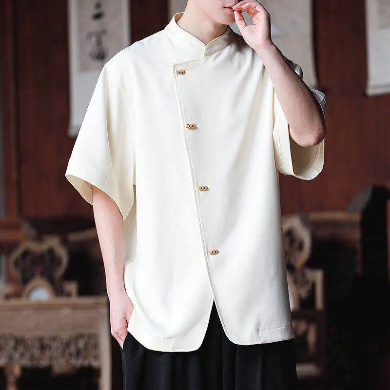 

Новая мужская рубашка в китайском стиле с деревянными пуговицами, с коротким рукавом, летняя, в стиле Тан, свободного кроя, из дышащего полиэстера, повседневная одежда