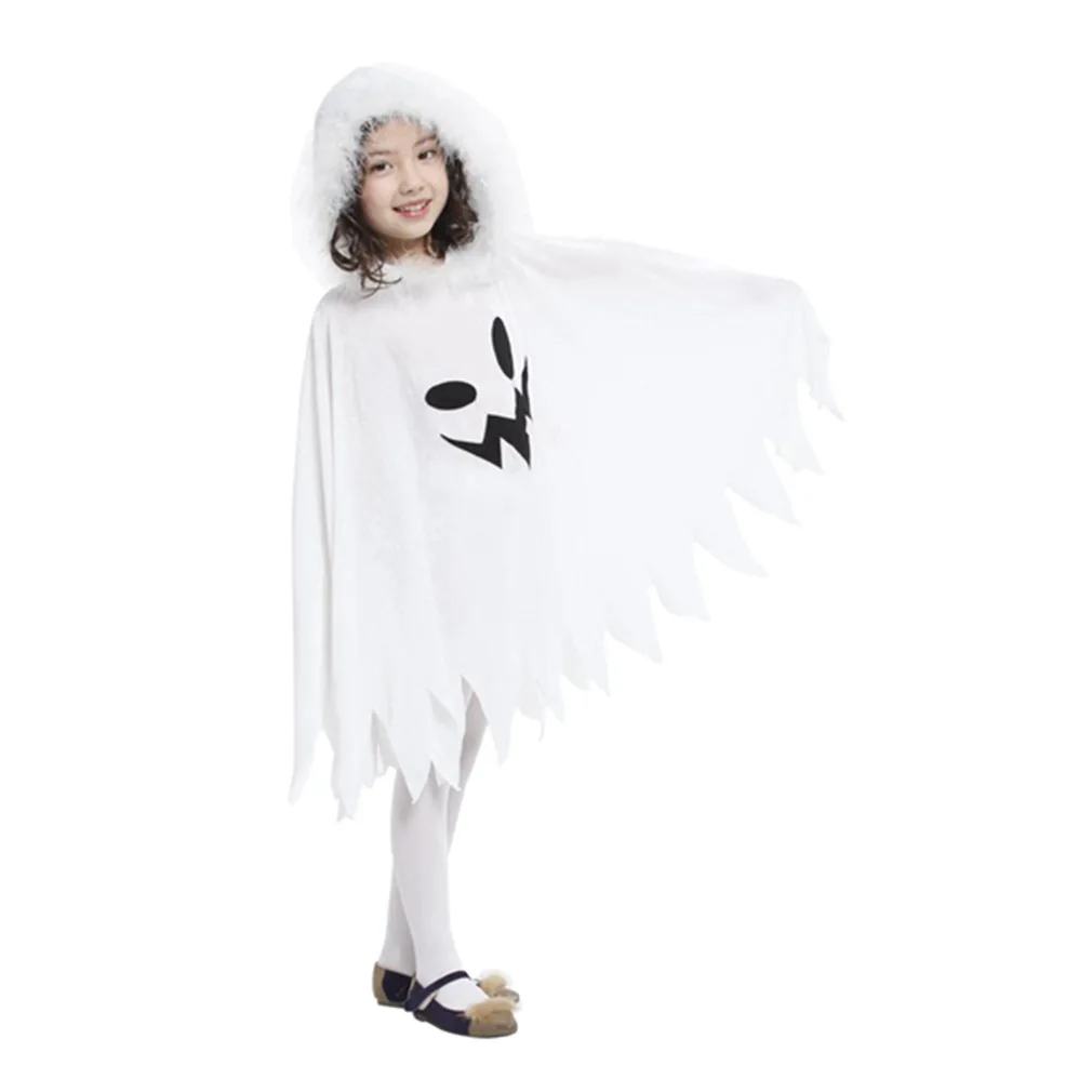 Costume da strega di Halloween per bambini con colletto in pelliccia bianca Abito da spirito bianco spettrale Mantello da fata giocoso