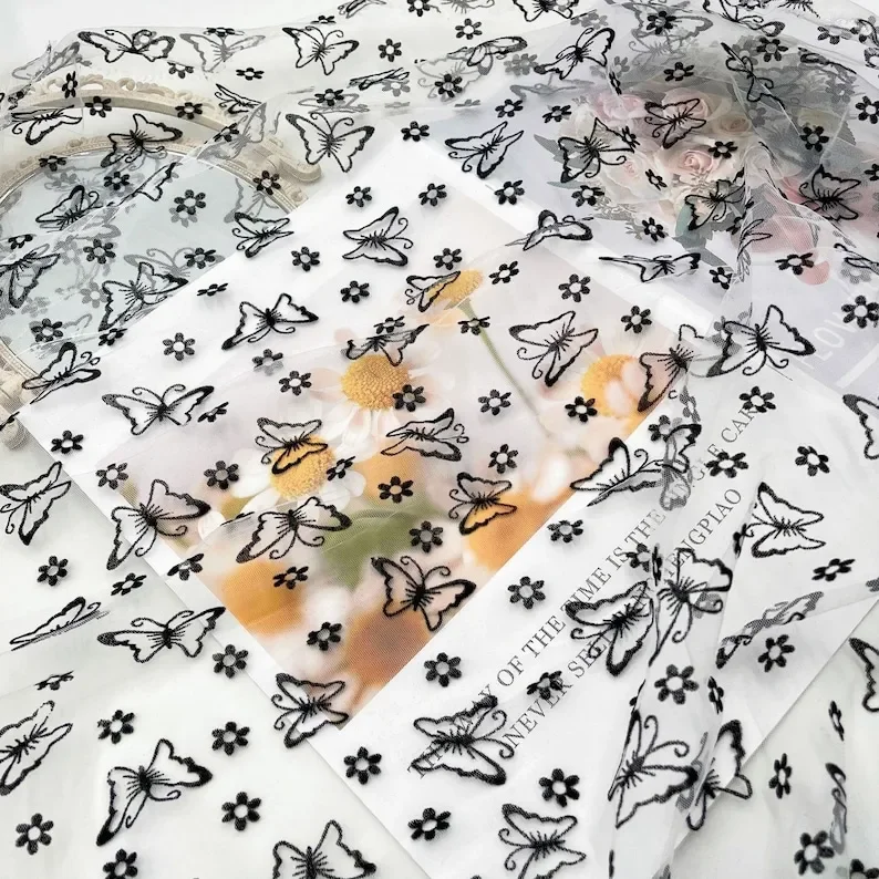 3 colores mariposa flor flocado tela de encaje mariposa flor bordado tela de tul para niña vestido tutú boda