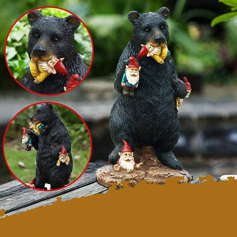 

New Black Bear Figurines Black Bear Eats Dwarfs Animal Statue Resin Home Garden Ornaments Unique Crafted For Farm Nature Lovers