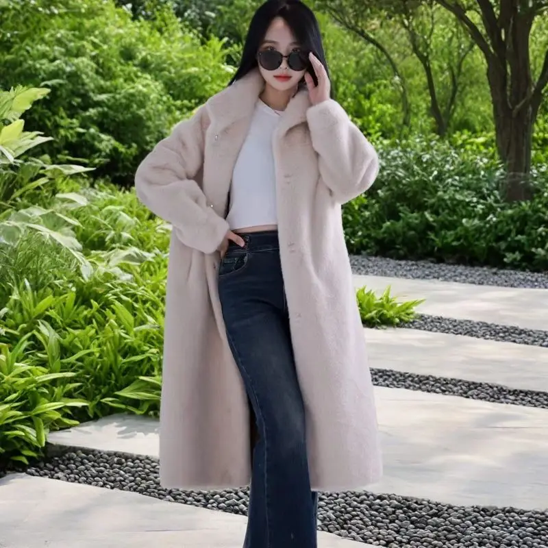 Luxe losse herfst winter dames bontjas warme dikke lange nepbontjas revers overjas pluizige jas ontwerp zachte wollen jas