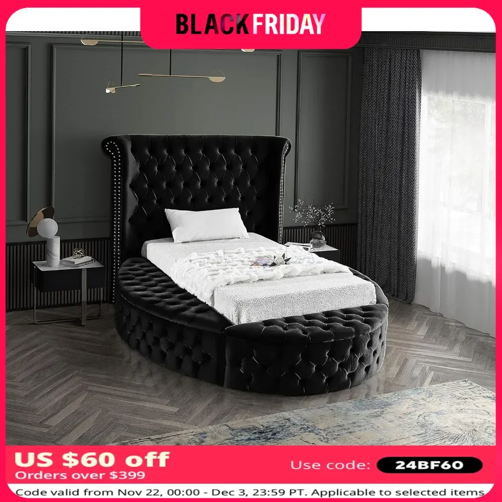 

Contemporary Round Shaped Velvet Upholstered Bed with Deep Button Tufting and Footboard Storage, Queen bed