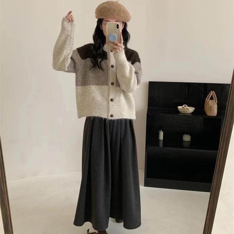 Harajuku Contrast Color Sweater Jacket Women Autumn Casual Student Versatile Knitted Cardigan Y2K Retro Patchwork Sweater Coat