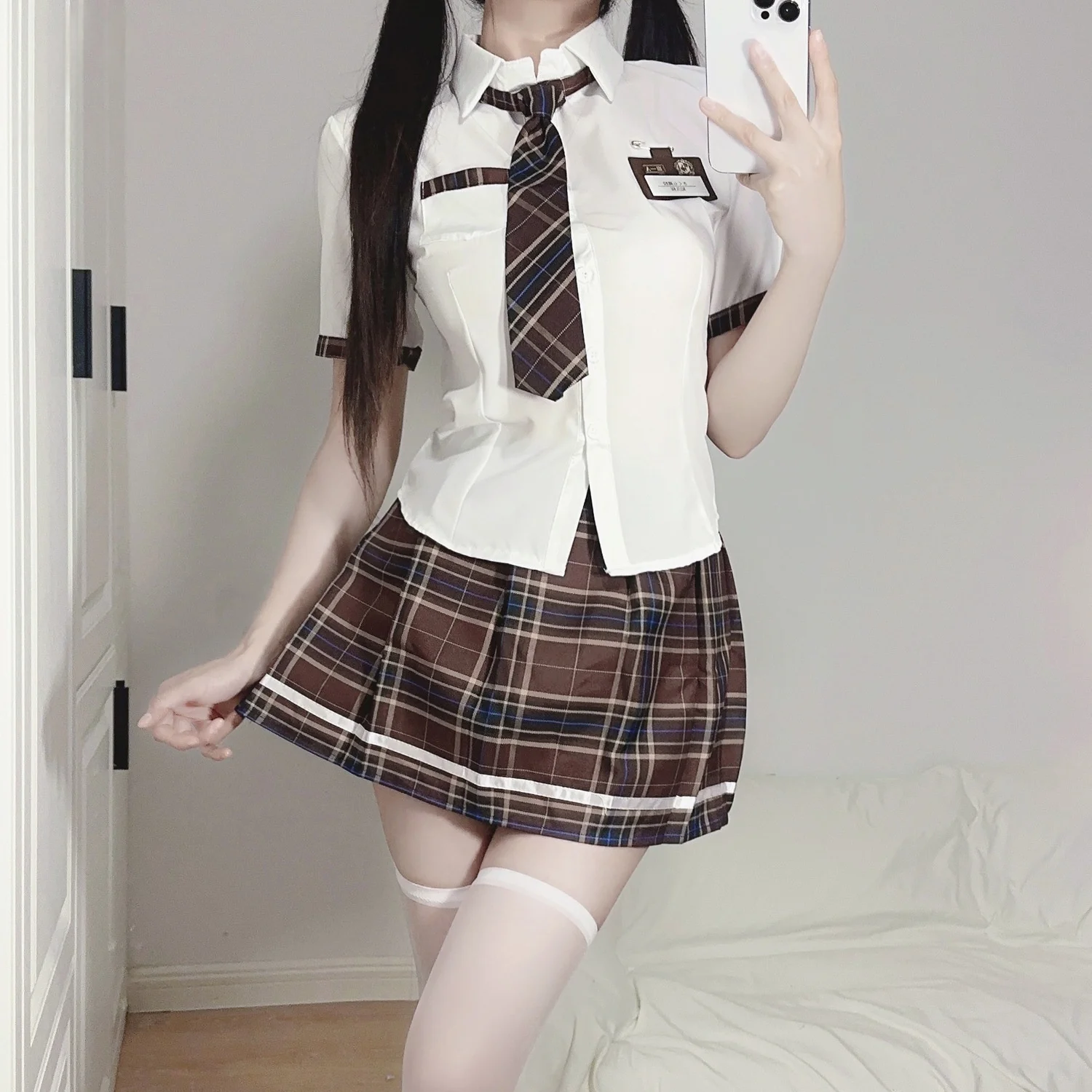 New British College Style Student Campus Color Play Uniform Temptation Summer Short Skirt with Pleated Skirt Checkered Set view 2