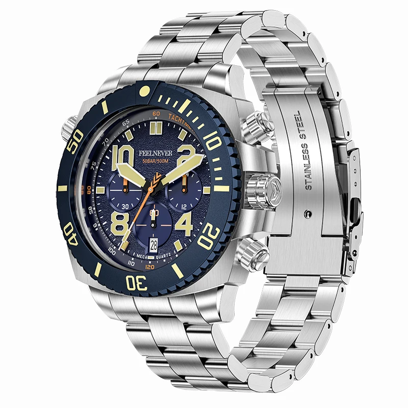 FeelNever Casual Sport Quarz Herrenuhr 316L Edelstahlarmband Saphirglas Großes Zifferblatt Kalender Wasserdicht Leuchtende Uhren für Männer