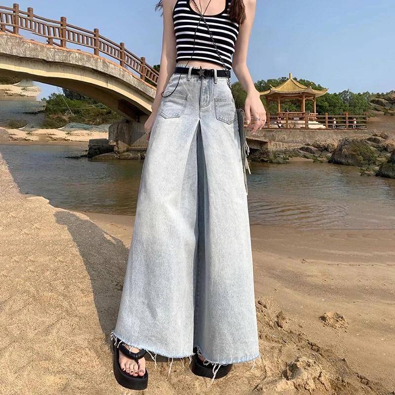 

Vintage high-waisted loose A-line elephant leg pants women's summer drapey wide-legged trailing pants elastic raw edge jeans