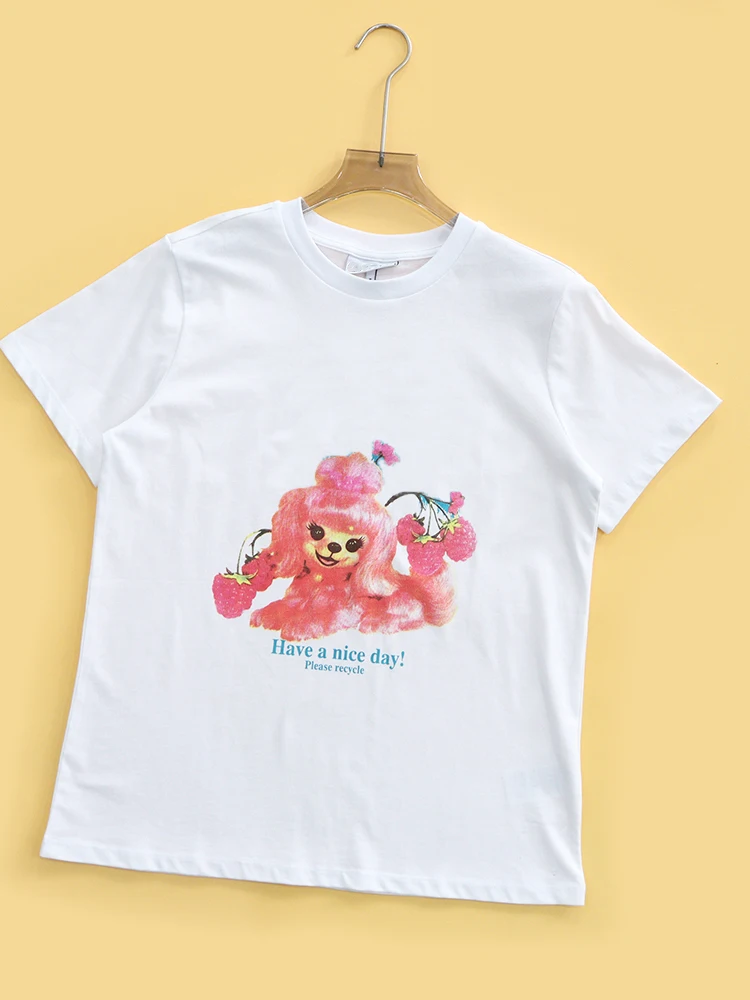 Nordic Small Bear Dog Cartoon Print round Neck Short Sleeve T-Shirt Cotton Casual Women's Top Spring Summer 2026 Heidd