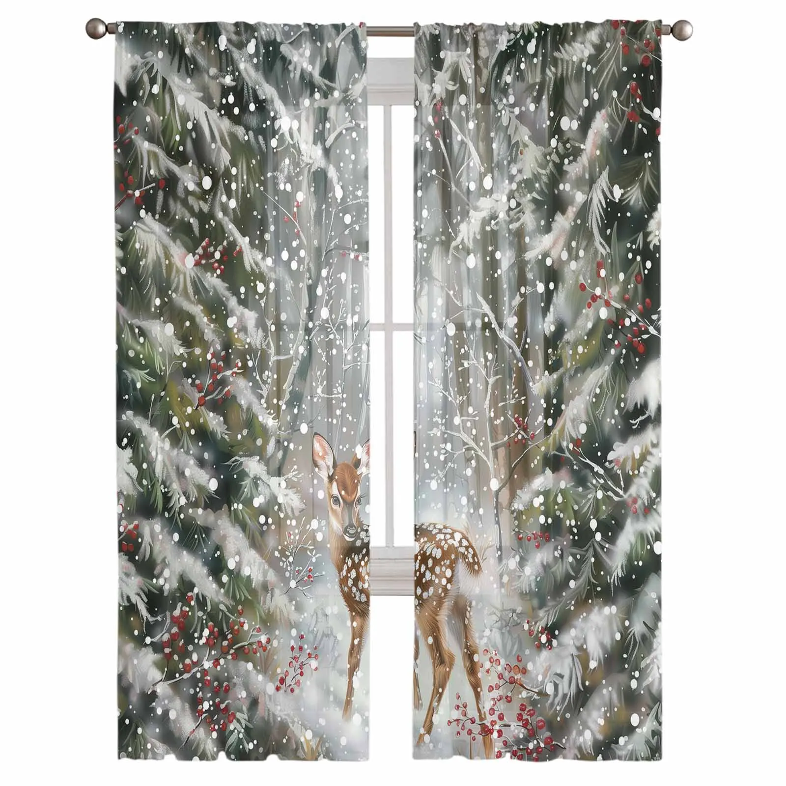 Christmas Snowflake Deer Snow Scene Curtains For Living Room Bedroom Home Decoration Window Voile Tulle Curtain Drapes