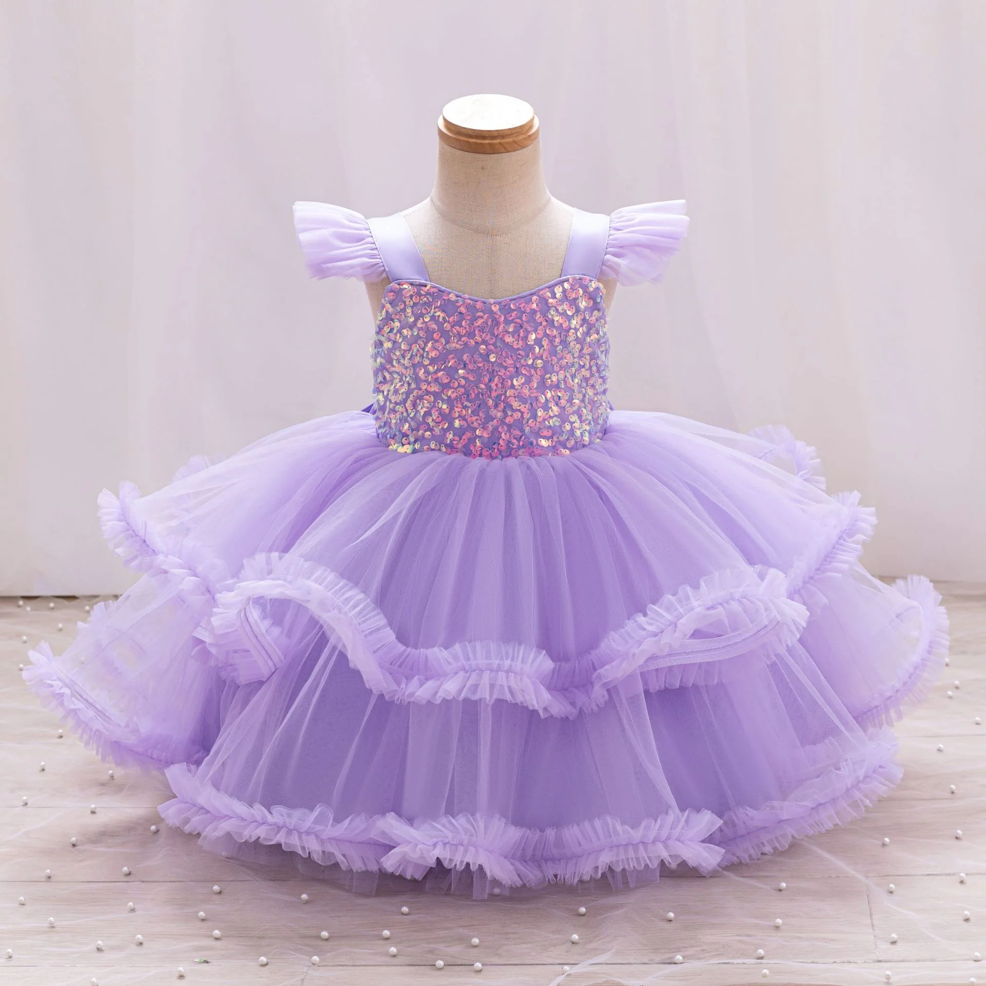 Elegant Girls Sequins Bow Fly Fly Sleeve Party Dress Christmas Evening Prom Gown for Kids 0-6 years old beauty pageant dress