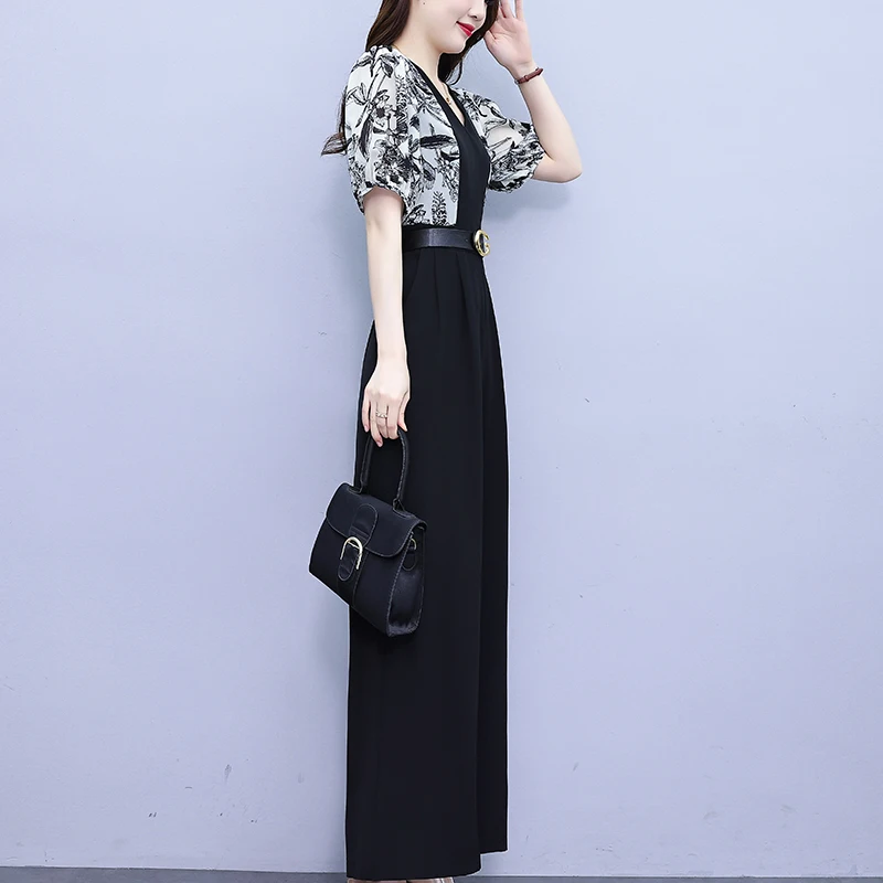 Real Photo 2025 Summer New Printed Chiffon Spliced Wide Leg Jumpsuit Slim Fit Bandage High Waist Jumpsuits Female