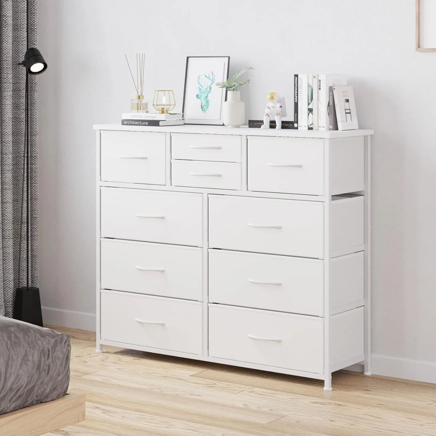 10-Drawer Dresser, Fabric Storage Dressers Drawers for Bedroom, Closets, Steel Frame, Wood Top, Easy Pull Handle (White)