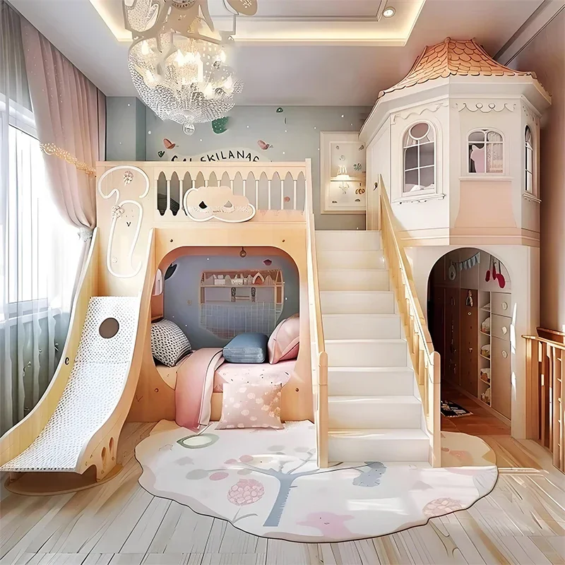 Castelo quarto infantil beliche personalizado beliche duplex segundo andar castelo casa na árvore com equipamento de entretenimento escada slid