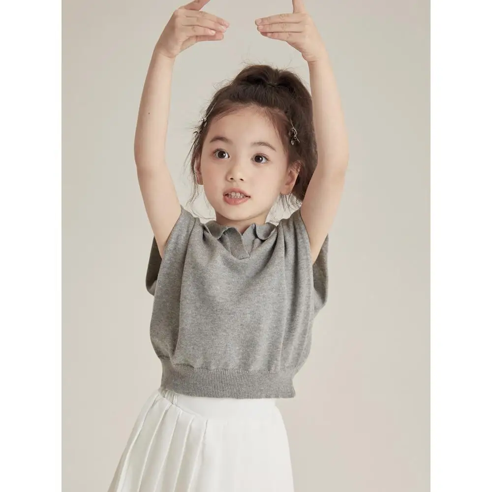 

Girls' Summer POIO Shirt Solid Color New Girl Baby Style Knitted Top Light and Thin Flip Collar Sleeveless Outer Wear Short Top