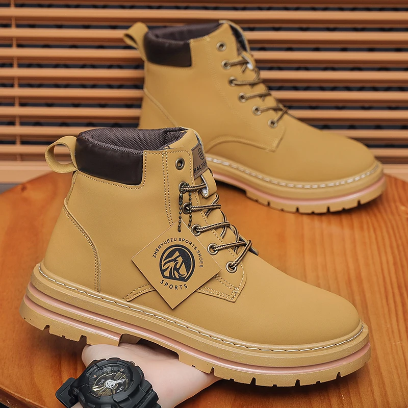 Mens High Top Boots 2025 Autumn Casual Anti Slip Fashion All Match Rubber Yellow Daily Commuting Lace Up Flat Bottom Boots Man