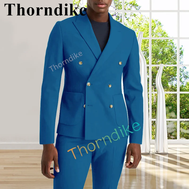 

Thorndike Men Suit Set Double-Breasted-Classic-Mens-Business-Blue-Suit-Slim-Fit-Groom Tuxedos-Wedding-Dress-Peak-lapel 2pcs Set