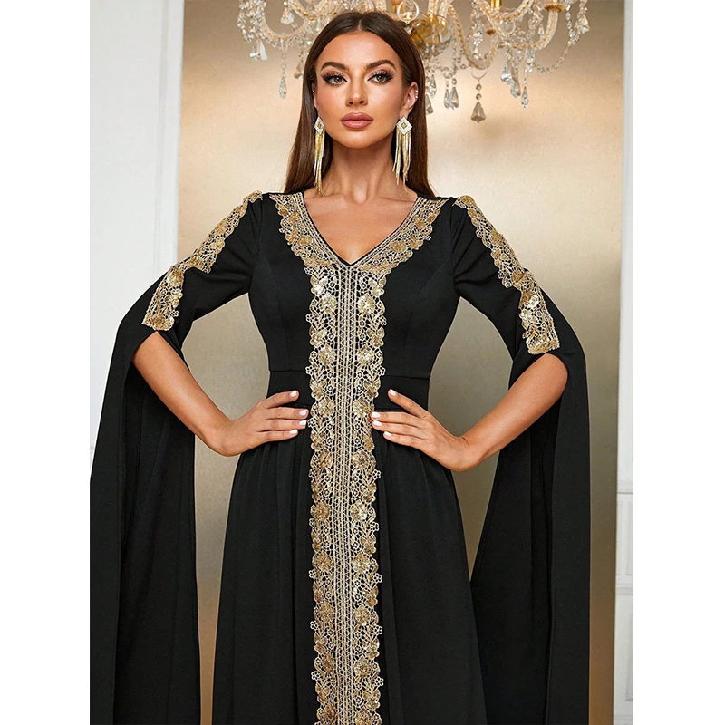 Muslim Abaya Islamic Clothing Women Long sleeve V Neck Black Elegant dubai luxury Turkey Cocktail Prom Evening party Long dress