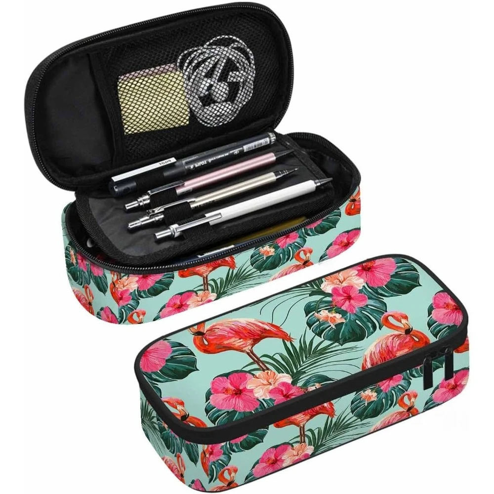 

Flamingos Pencil Case Beautiful Summer Tropical Floral Palm Leaves Hibiscus Big Capacity Pencil Pouch