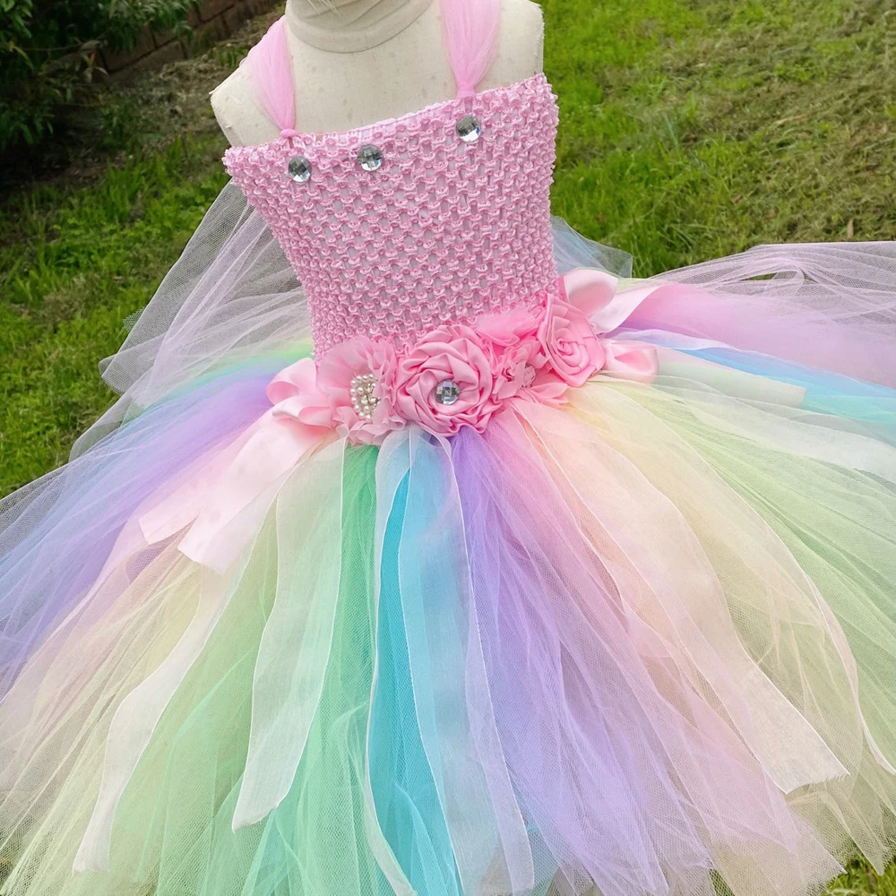 Pastel Fairy Princess Dresses for Girls Birthday Party Costumes Kids Halloween Tutu Outfit with Butterfly Wings Fancy Dress Set