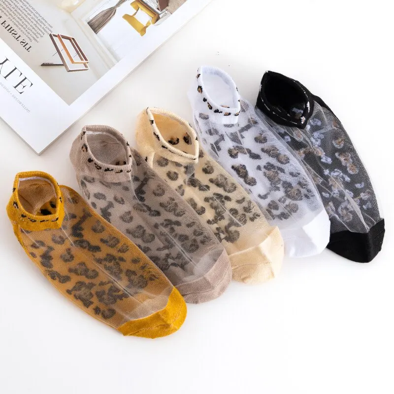 5 Pairs Of Womens Slass Filament Fiber Spring And Summer Thin Transparent Leopard Socks Polyester Sock Sole