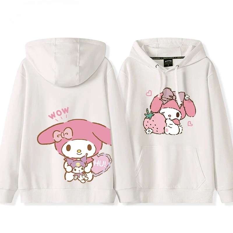 日本のレトロなソフトでキュートなマイメロディのイチゴ柄プリントのフード付きセーター、インスタイルのトレンド、ゆったりとしたカジュアルスタイル、キュートな女の子のトップス